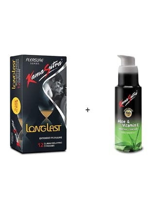 KamaSutra Combo of Extended Pleasure 12 Condoms and Aloe Vera Vitamin E Lubricants (50ml)