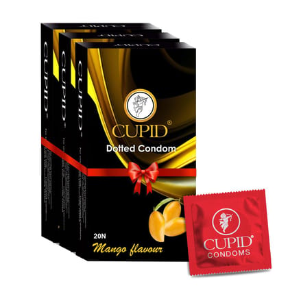 Cupid Dotted & Flavoured Condoms Mango Flavour (Pack of 3) | Lubricated & Multitextured Condoms | For Her Enhanced Pleasure | Pack of 3, 20 Pcs Each