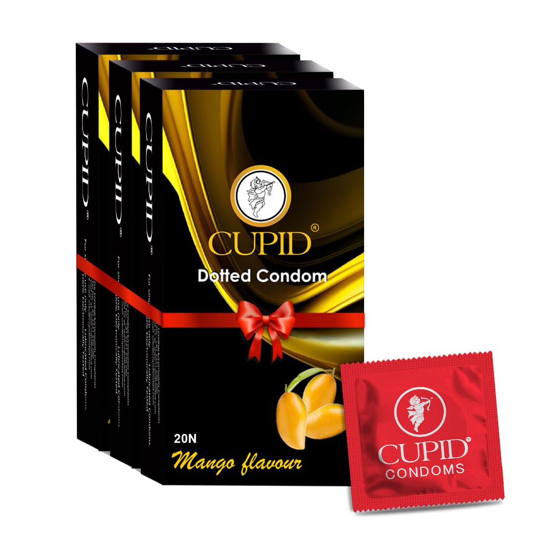 Cupid Dotted & Flavoured Condoms Mango Flavour (Pack of 3) | Lubricated & Multitextured Condoms | For Her Enhanced Pleasure | Pack of 3, 20 Pcs Each