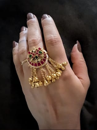 Pacchi kundan peacock design pirohi work adjustable ring with chain ghunghru tassel
