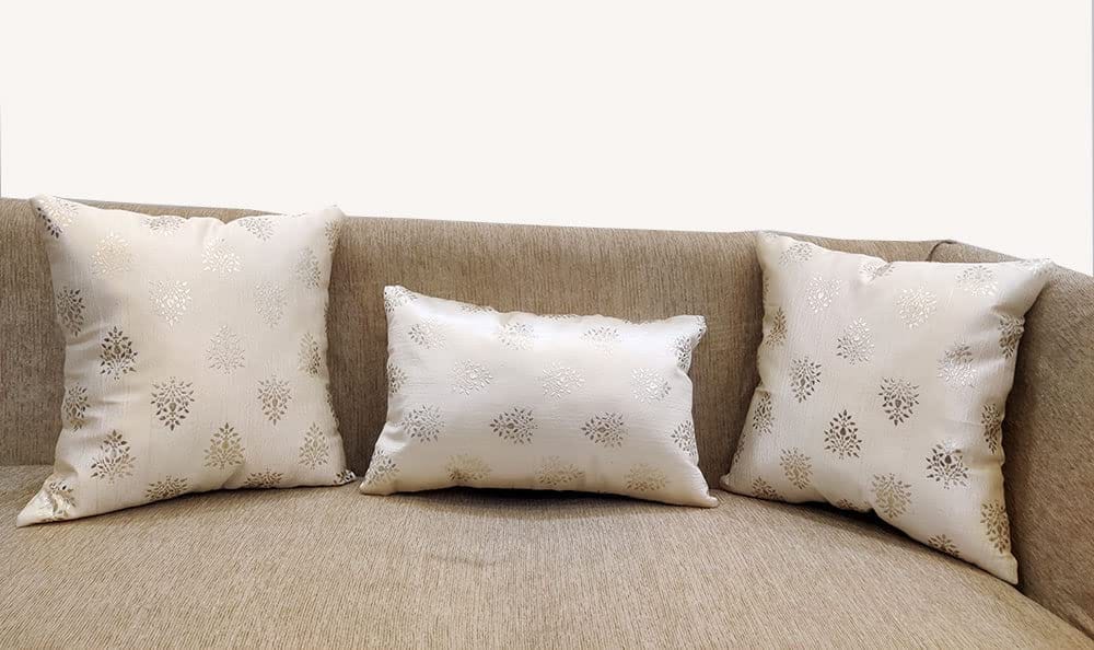 Cream Silver Foil Set of 3 Cushion Covers Combo for Sofa Home Bedroom