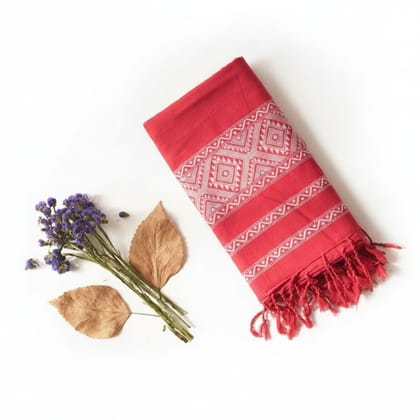 Handcrafted Red Geometric Pattern Cotton Dupatta