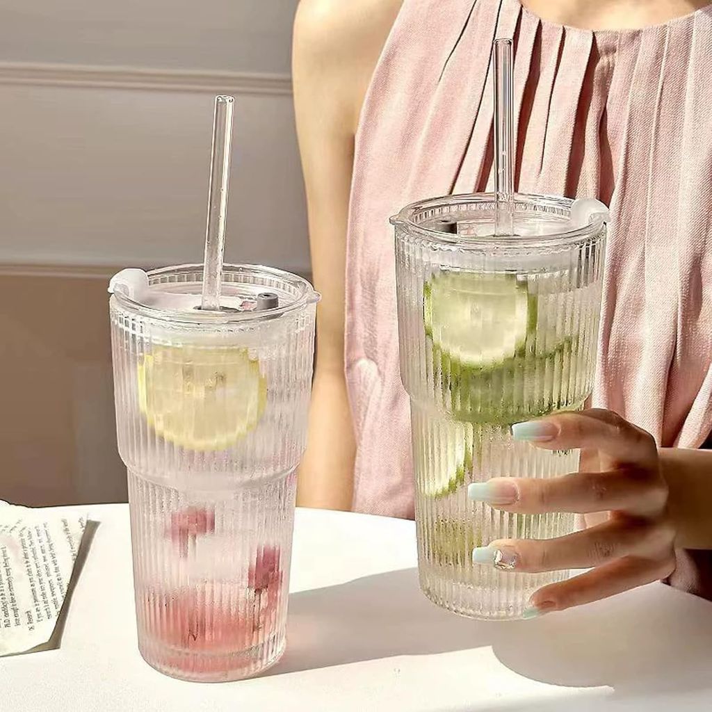 Elegant Ribbed Sipper Glass Long Mug 450 Ml Set of 1 with Reusable Glass Straw Stylish Vertical Lining Perfect for iced Coffee, Smoothies, Milkshakes, Juice, and Cold Beverages