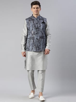 Grey Jacquard Jacket With Grey Kurta-L/42 / Pajama set