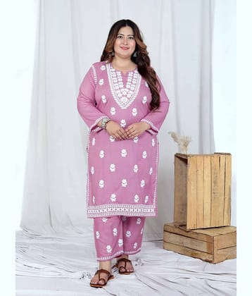 miravan Women Cotton Embroidered Straight Kurti With Palazzo ( Pink )