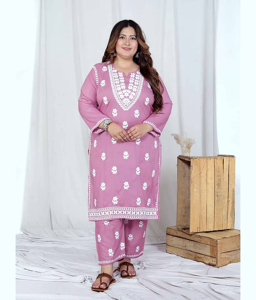 miravan Women Cotton Embroidered Straight Kurti With Palazzo ( Pink )