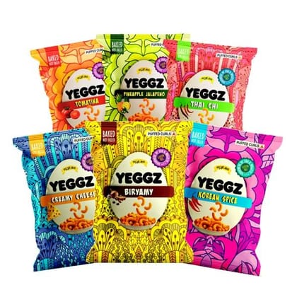 YEGGZ Combo (Korean Spice, Creamy Cheese, Biryamy,Tomatina, PineApple Jalapeno, Thai Chi) Puffed Curls - Crispy Snacks (Pack Of 6)