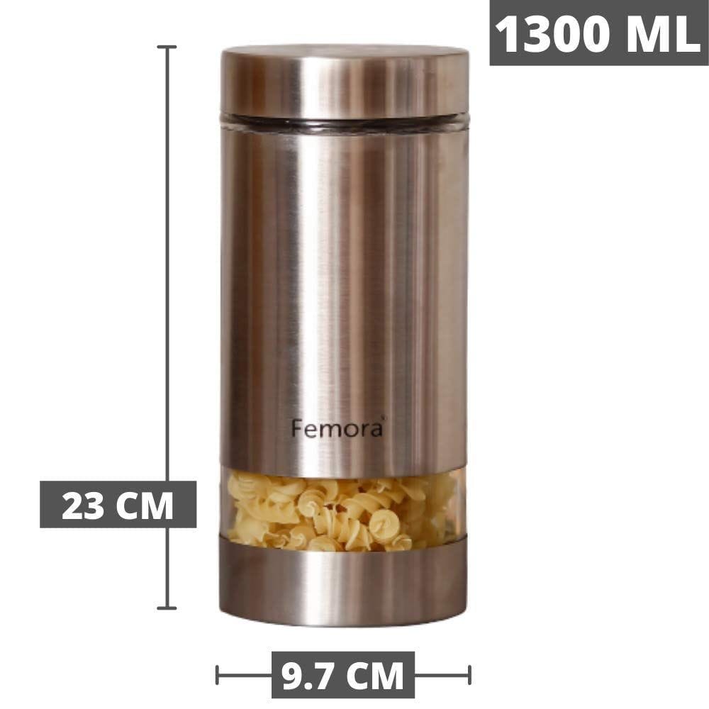 Femora Metallic Clear Glass Kitchen Storage Jars, 1300 ml, Set of 6, Free Replacement of Lids