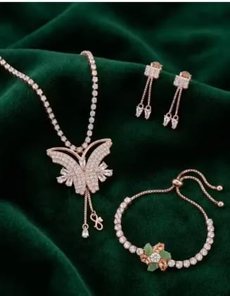 Product Title: Premium Rose Gold Plated Butterfly Pendant Set - Includes Adjustable Bracelet & Matching Earrings (3-in-1 Combo)