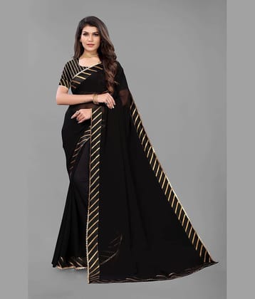 FABMORA Georgette Striped Saree With Unstitched Blouse Piece ( Black )