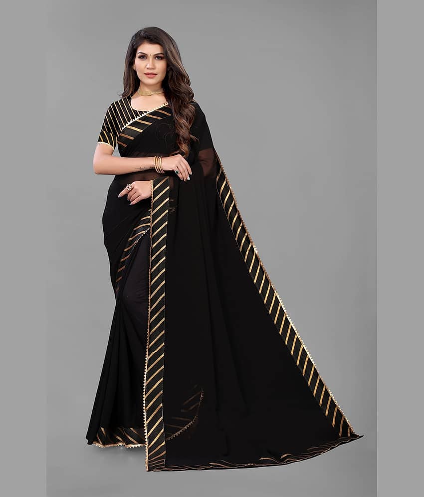 FABMORA Georgette Striped Saree With Unstitched Blouse Piece ( Black )
