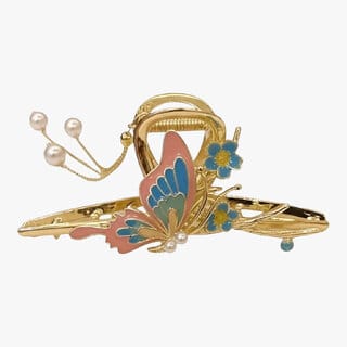 Pink and Blue Butterfly Hair Clip Gold Finish with Pearls