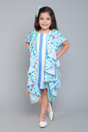 Heart & Stripes  Print Ruffle Detailing Aline Dress with Matching Clip-Blue-1-2Y / Blue