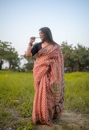 Natural dyed Bagru saree - Roheda Kota Chevron handblock printed saree
