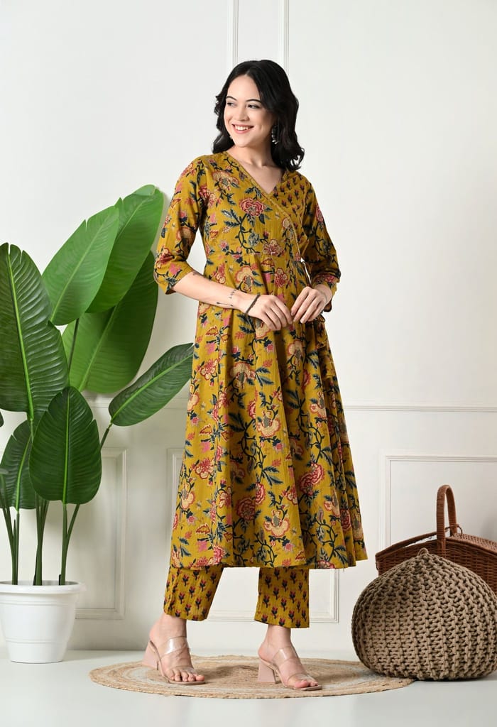 Angrakha Style Anarkali 12-Kali Kurta Set with Dupatta | Handcrafted with Elegant Badla Work