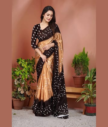 JIHANA FAB Chiffon Printed Bandhani Sarees With Unstitched Blouse Piece ( Brown )