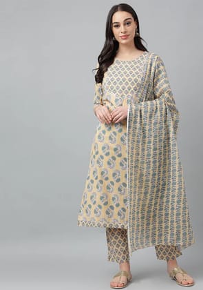 Yellow Floral Print kurta set with dupatta-M