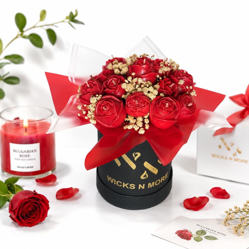 Wicks N More Rose Candle Bouquet | Handmade Soy Wax Red Rose Candle Arrangement in Black and Gold Round Box | Romantic Gift for Valentine Anniversary Birthday and Décor