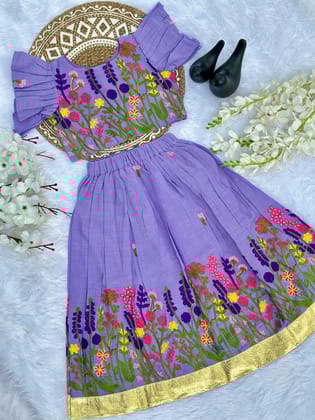 Pure Khadi Cotton Fabric Embroidery work Embroidery Lahenga Choli-Purple / 0-6 Month