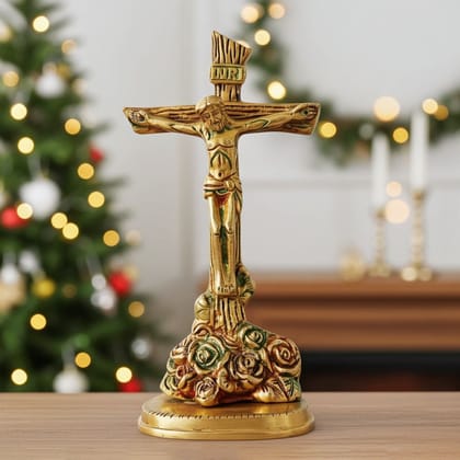 Brass Showpiece Jesus & Cross God Idol Statue - Antique Finish Spiritual Showpiece For Worship, Height : 8 Inch (BSMAS971 B)
