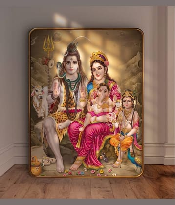 SAF Shiv Parivar Wall Painting | Lord Shiva Parvati Ganesh Kartikeya with Nandi | Golden Frame Sparkle Laminated MDF Poster for Home Temple Pooja Room | Hindu God Family Decorative Art