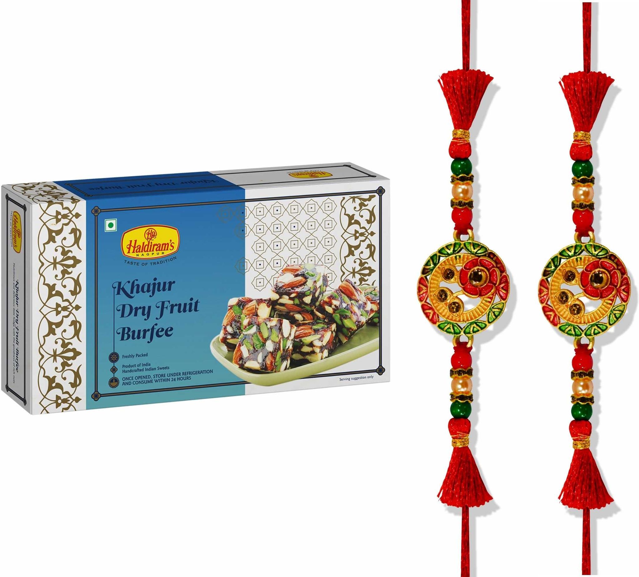 Haldiram's Nagpur Khajur Dry Fruit 250g with 2 Rakhi Assorted Gift Box (Multicolor)
