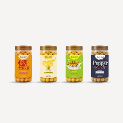 Blute life Roasted/Flavoured Makhana | High In Protein | High Fiber | Calcium Rich | Low Cholestrol | No Palm Oil | 80g Pack (Super Crunchy Roasted/Flavoured Makhana) (Combo 320g, Peri Peri Magic | Pepper Punch | Chatpatta Cheese | Creamy Pyaz)