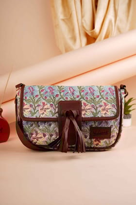Galway Gemstone Hand Block Printed Blue Sling Bag-11 X 7 X 1.5 in / Blue Turquoise