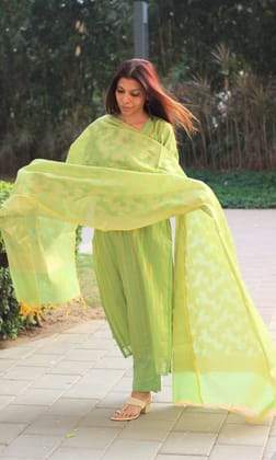 Banarasi Lime Green & Gold Zari Kurta with Dupatta & Plain Pants-XXS