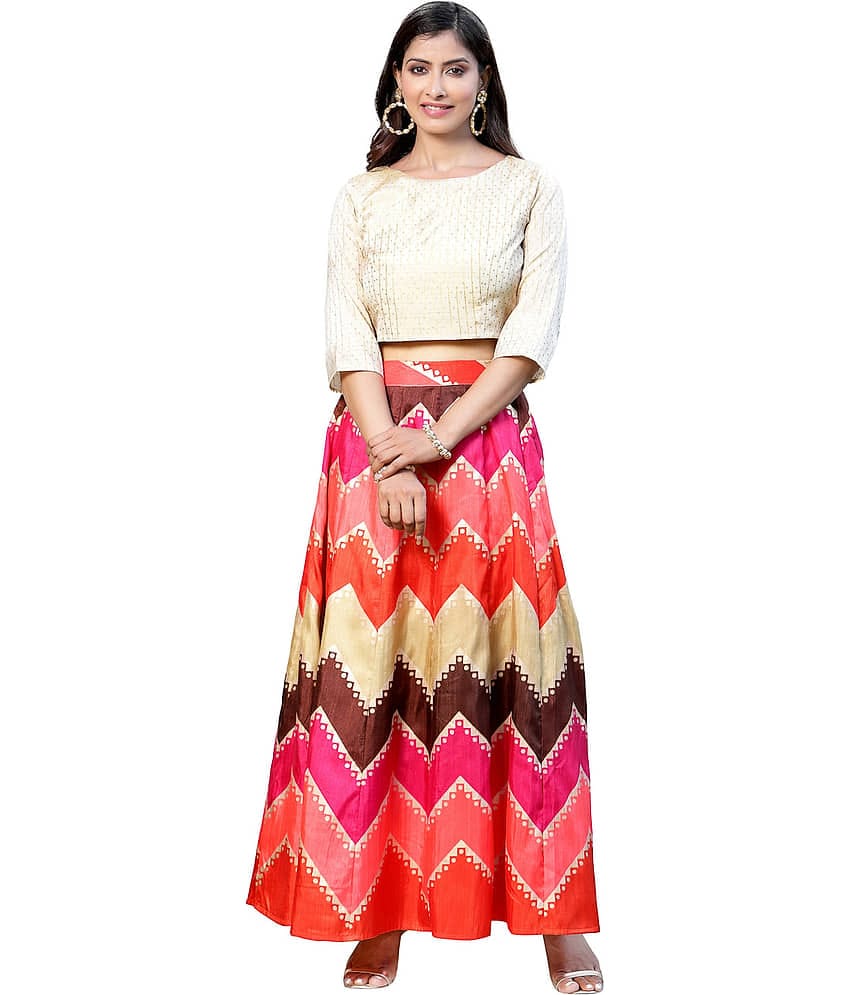 Juniper Orange,Red,Pink Silk Crepe Circular Stitched Lehenga