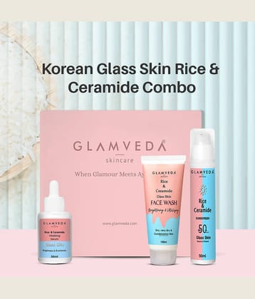 Glamveda Korean Glass Skin Rice & Ceramide 3 Step Combo | Face Wash, Serum & Sunscreen