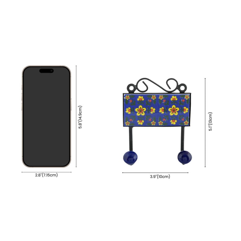 Blue Pottery Inspired Decorative Key HolderBlue2 Hooks