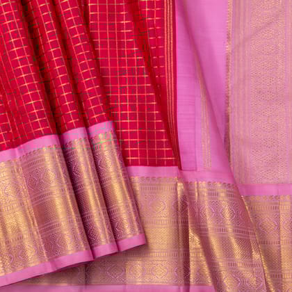 Red And Lotus Pink Kanchipuram Silk Saree With Zari Checks For Wedding Wear PV NYC 1647