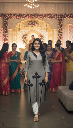 Women Pure Cotton Dark Grey A-Line Kurta with Black Applique | Daily Wear