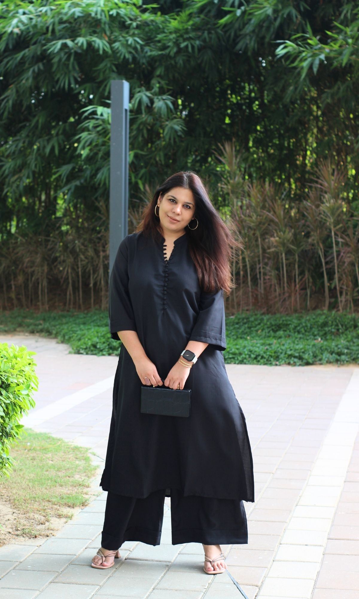 Cold Black Collared Buttoned Kurta with Pallazo Pants-XXS