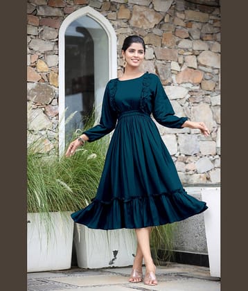 Femvy Women Rayon Solid Fit & Flare Dress ( Black )