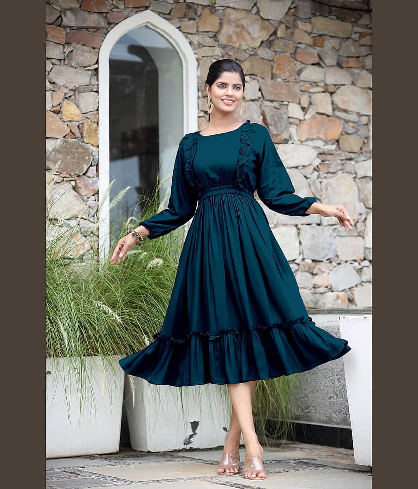 Femvy Women Rayon Solid Fit & Flare Dress ( Black )