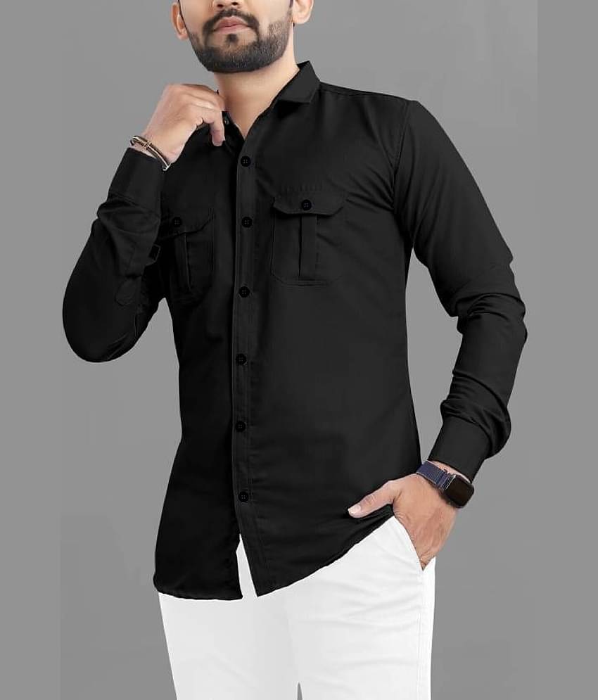 CRESALE Cotton Blend Regular Fit Solids Full Sleeves Men's Casual Shirt - Black ( Pack of 1 )