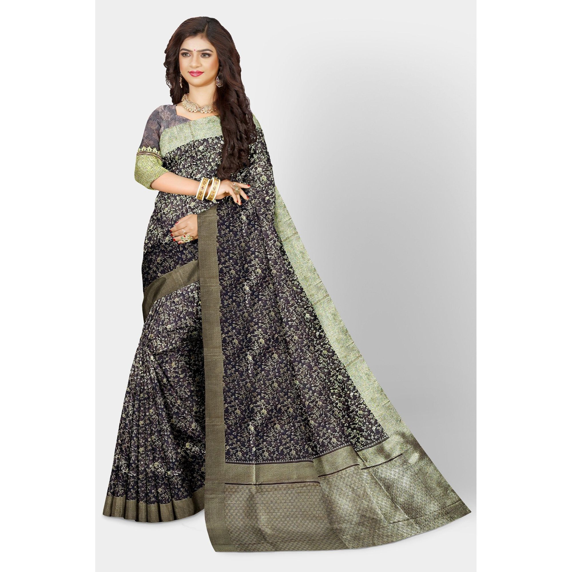 TheHangr Dark Blue Jacquard Silk Saree With Royal Golden Work All Over The Body
