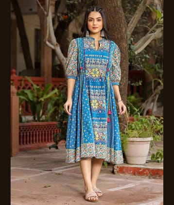 Juniper Women Cotton Printed Fit & Flare Dress ( Blue )