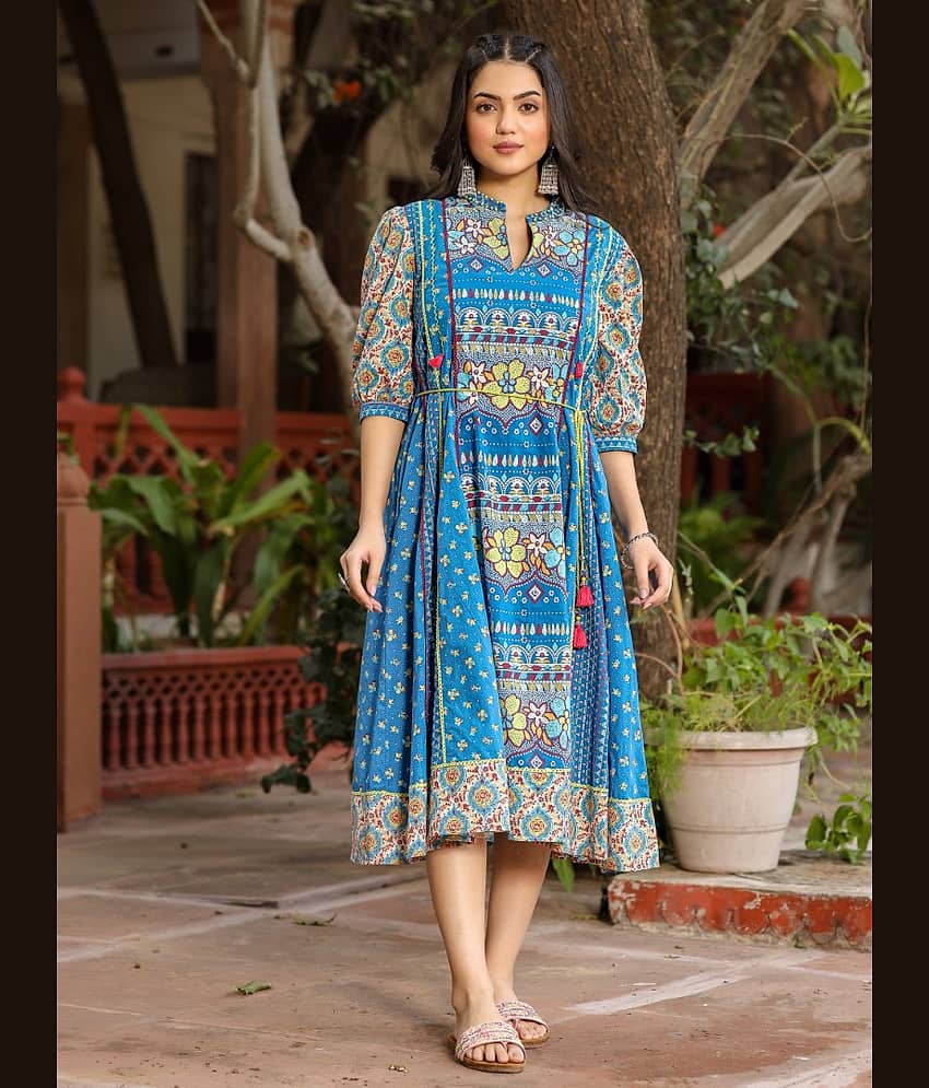 Juniper Women Cotton Printed Fit & Flare Dress ( Blue )