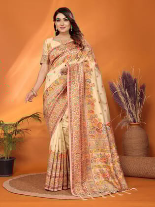 Beige Soft Silk Meenakari Weaving Work Pashmina Saree