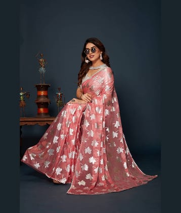Parmila Fashion Chiffon Embellished Saree With Unstitched Blouse Piece ( Pink )