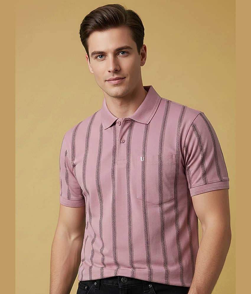 UNIBERRY Men Cotton Blend Regular Fit Striped Polo T Shirt ( Pink )