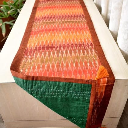 Rust and Green Ikat Reversible Table Runner with Kantha Embroidery-S