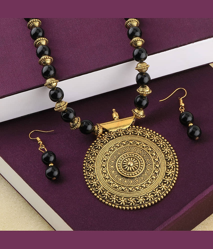 SILVERSHINE Traditional Designer Gold Oxidised Big Pendant Black Pearl mala set for Women girl