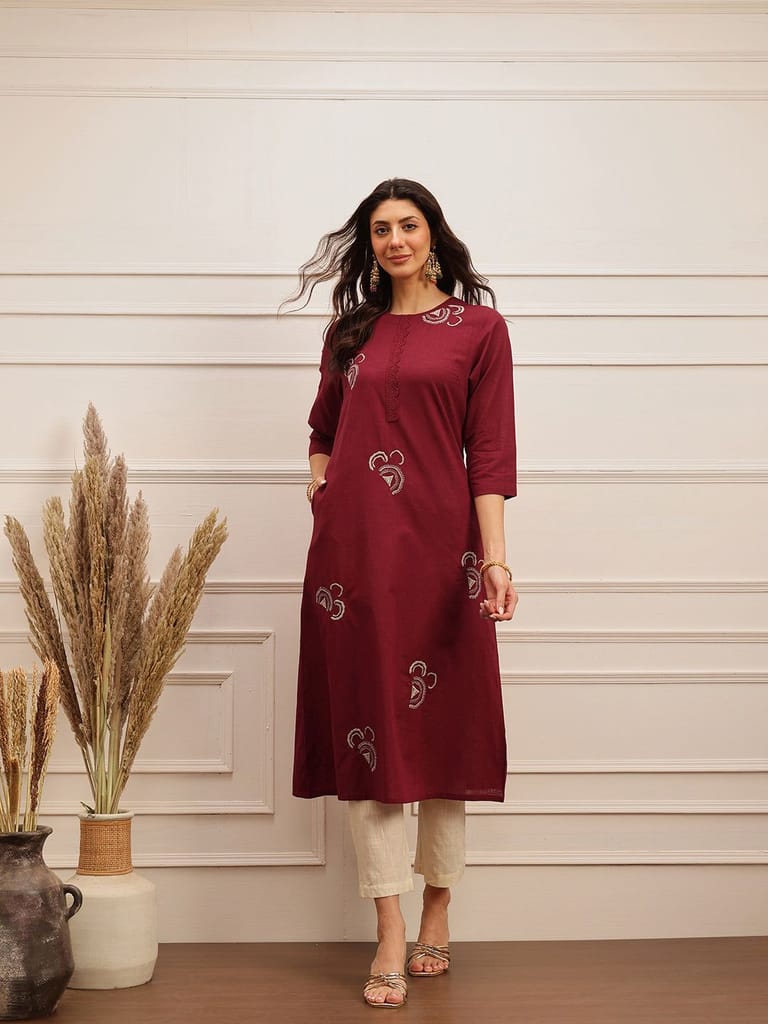 Wine Embroidered Cotton Kurta