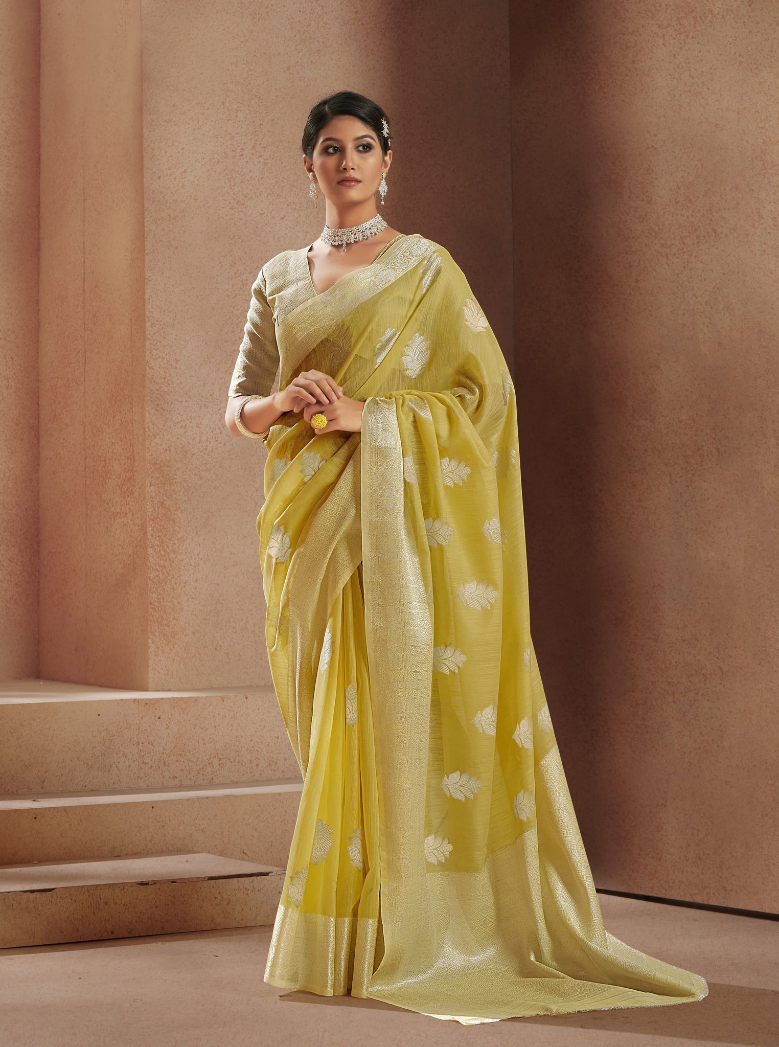 Elora Yellow Silk Woven Saree With Unstitched Blouse