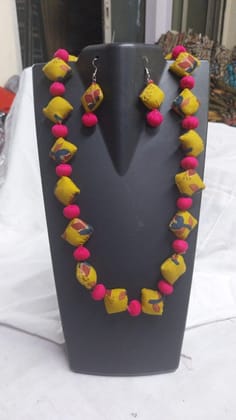 Fabric Bead Necklace and Earring Set (Yellow and Pink) | Handcrafted Ethnic Style | Casual & Festive Wear