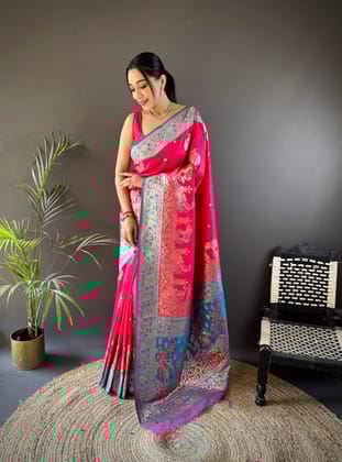 Pink Soft Silk Meenakari Picock Zari Weaving Work Paithani Saree